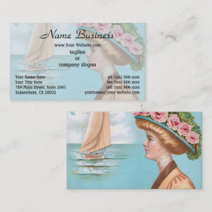 Vintage Seaside Lady Pink Rose Hat Sailboat Art Business Card