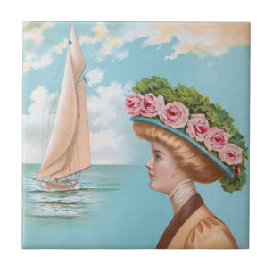 Vintage Seaside Lady Pink Rose Hat Sailboat Art Tile