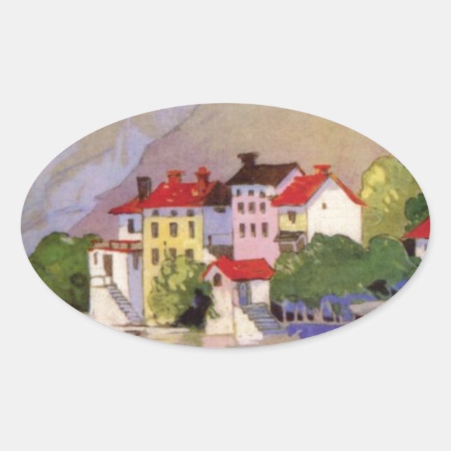 Vintage Seaside Village Italy Tourism Oval Sticker (Front)