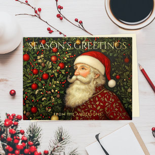 Vintage Seasons Greeting Christmas Tree Santa Art Foil Holiday Postcard
