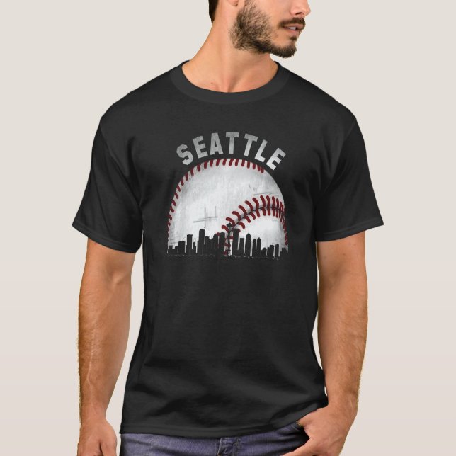 Vintage Seattle Skyline City Baseball   T-Shirt (Front)