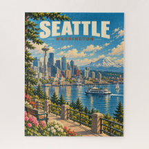 Vintage Seattle Skyline Mount Rainier