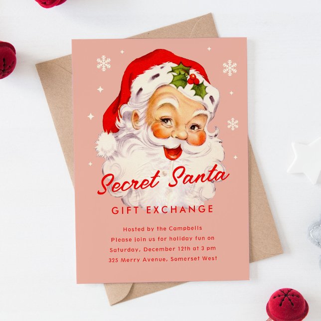 Vintage Secret Santa Gift Exchange Christmas Party Invitation (vintage secret Santa gift exchange Christmas party invitation)