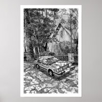 Vintage Sedan Car Ink Sketch Black and White Retro