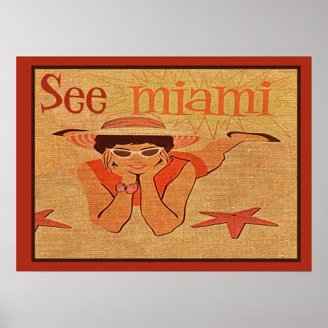 Vintage See Miami Sunbathing Girl Retro Travel  Poster (Front)