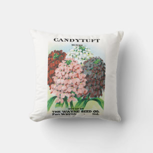 Vintage Seed Packet Art, Candytuft Garden Flowers Cushion