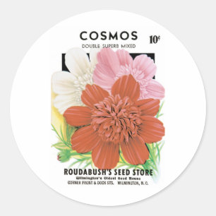 Vintage Seed Packet Art, Cosmos Garden Flowers Classic Round Sticker