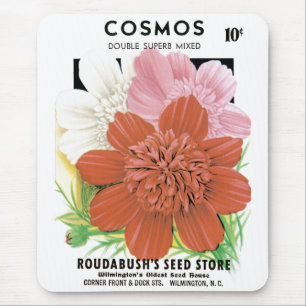 Vintage Seed Packet Art, Cosmos Garden Flowers Mouse Mat