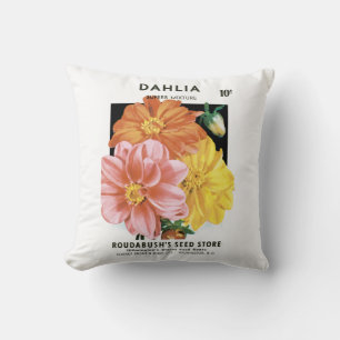Vintage Seed Packet Art, Dahlia Garden Flowers Cushion