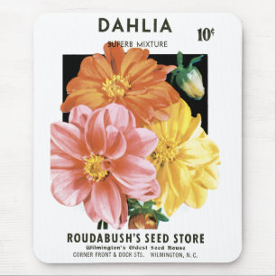 Vintage Seed Packet Art, Dahlia Garden Flowers Mouse Mat