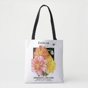 Vintage Seed Packet Art, Dahlia Garden Flowers Tote Bag