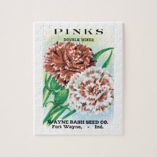 Vintage Seed Packet Art, Pinks Carnation Flowers Jigsaw Puzzle