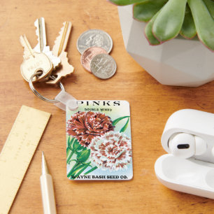 Vintage Seed Packet Art, Pinks Carnation Flowers Key Ring