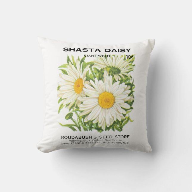 Vintage Seed Packet Art, Shasta Daisy Flowers Cushion (Front)