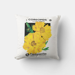 Vintage Seed Packet Art, Yellow Coreopsis Flowers Cushion