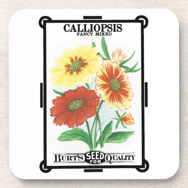 Vintage Seed Packet Label Art, Calliopsis Flowers Coaster (Front)