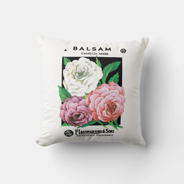 Vintage Seed Packet Label Art, Camellia Flowers Cushion (Front)