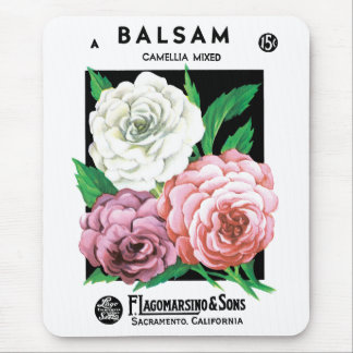 Vintage Seed Packet Label Art, Camellia Flowers Mouse Mat