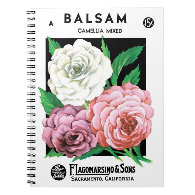 Vintage Seed Packet Label Art, Camellia Flowers Notebook (Front)