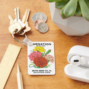 Vintage Seed Packet Label Art, Carnation Flowers Key Ring