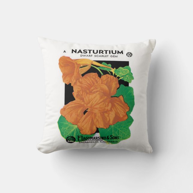 Vintage Seed Packet Label Art, Nasturtium Flowers Cushion (Front)