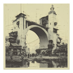 Vintage Sepia Arch Bridge River Market Photo Print