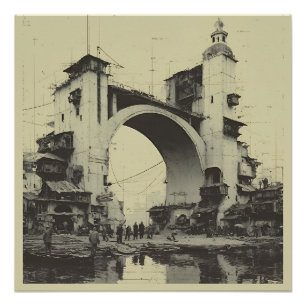 Vintage Sepia Arch Bridge River Market Poster