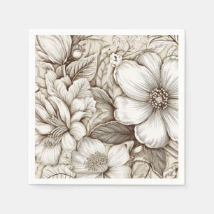 Vintage Sepia Botanical Floral Engraving Ivory Napkin