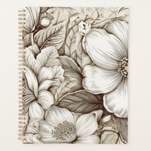 Vintage Sepia Botanical Floral Engraving Ivory Planner