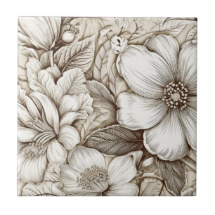 Vintage Sepia Botanical Floral Engraving Ivory Tile