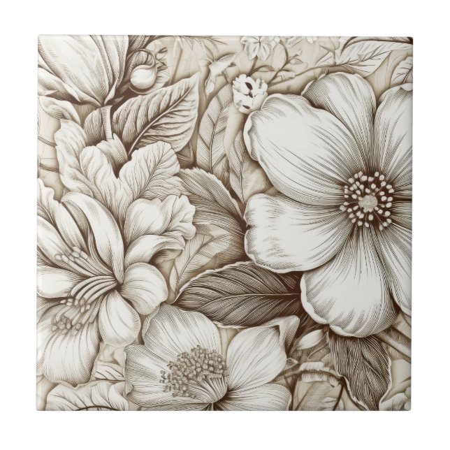 Vintage Sepia Botanical Floral Engraving Ivory Tile (Front)