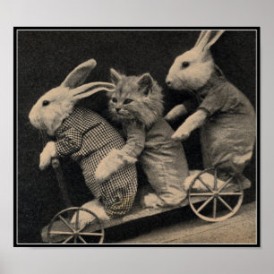 Vintage Sepia Bunnies & Kitten Easter Art Print