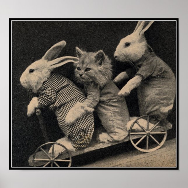 Vintage Sepia Bunnies & Kitten Easter Art Print (Front)