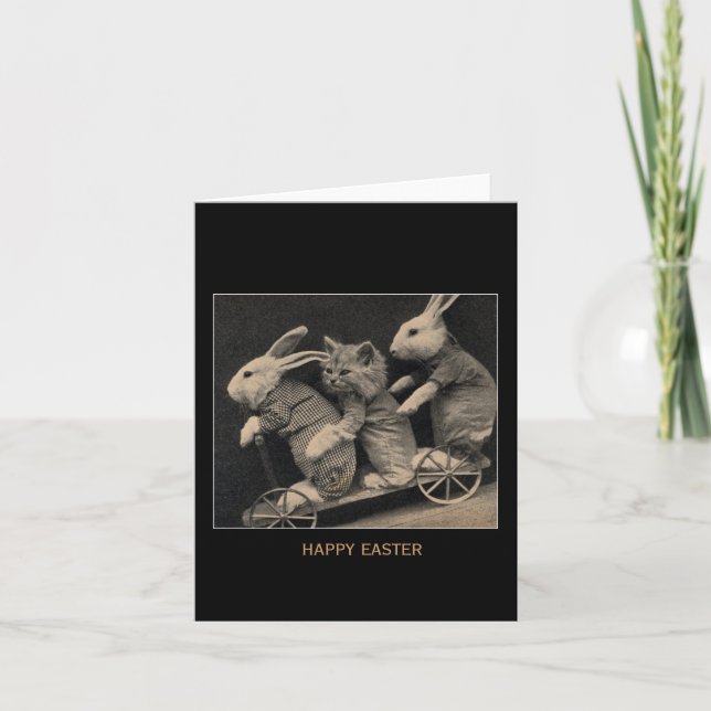 Vintage Sepia Bunnies & Kitten Easter Holiday Card (Front)