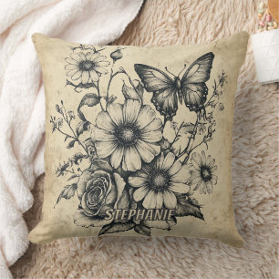 Vintage Sepia Butterfly Rose Daisy Bouquet Cushion