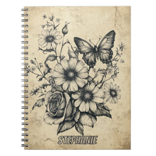 Vintage Sepia Butterfly Rose Daisy Bouquet Notebook