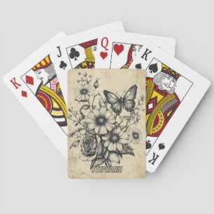 Vintage Sepia Butterfly Rose Daisy Bouquet Playing Cards