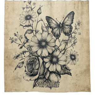 Vintage Sepia Butterfly Rose Daisy Bouquet Shower Curtain