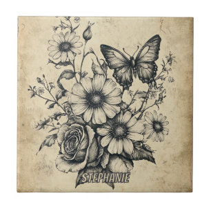 Vintage Sepia Butterfly Rose Daisy Bouquet Tile