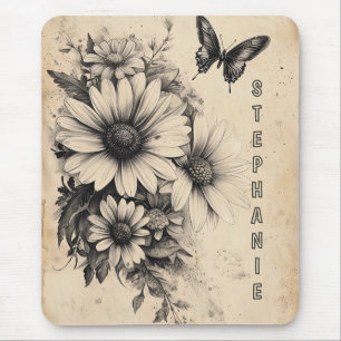 Vintage Sepia Daisy Butterfly Botanical Mouse Mat