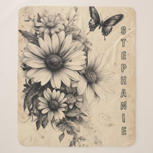 Vintage Sepia Daisy Butterfly Botanical Sherpa Blanket