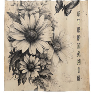 Vintage Sepia Daisy Butterfly Botanical Shower Curtain