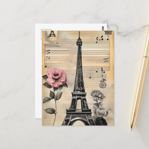 Vintage Sepia Eiffel Tower & Pink Flower Postcard