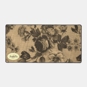 Vintage Sepia Floral, Antique, Monogram  Desk Mat
