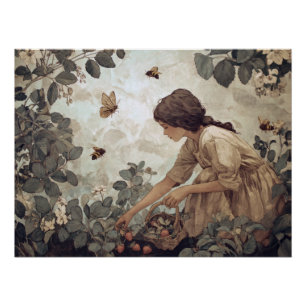 Vintage Sepia Girl Butterfly Garden Art Poster
