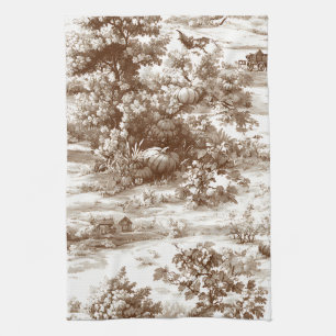 Vintage Sepia Harvest Countryside Toile Pattern Tea Towel