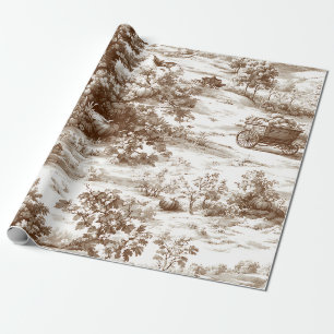 Vintage Sepia Harvest Countryside Toile Pattern Wrapping Paper