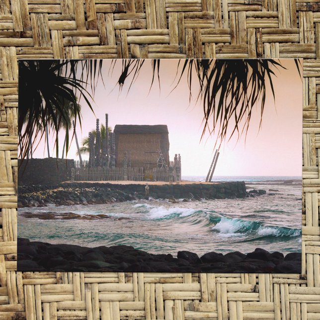Vintage Sepia Hawaii Big Island Pu'uhonua Honaunau Postcard (Vintage Hawaii travel picture postcard of grass hut on the beach of Pu'uhonua o Honaunau, Big Island)