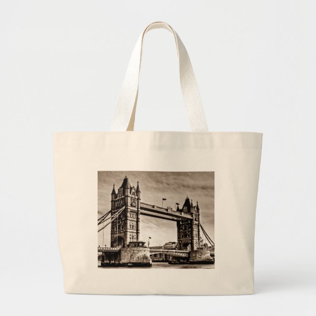 Vintage Sepia London Tower Bridge Large Tote Bag (Front)