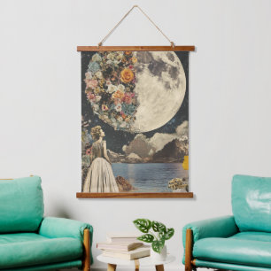 Vintage Sepia Moon Floral Garden Surrealism Hanging Tapestry